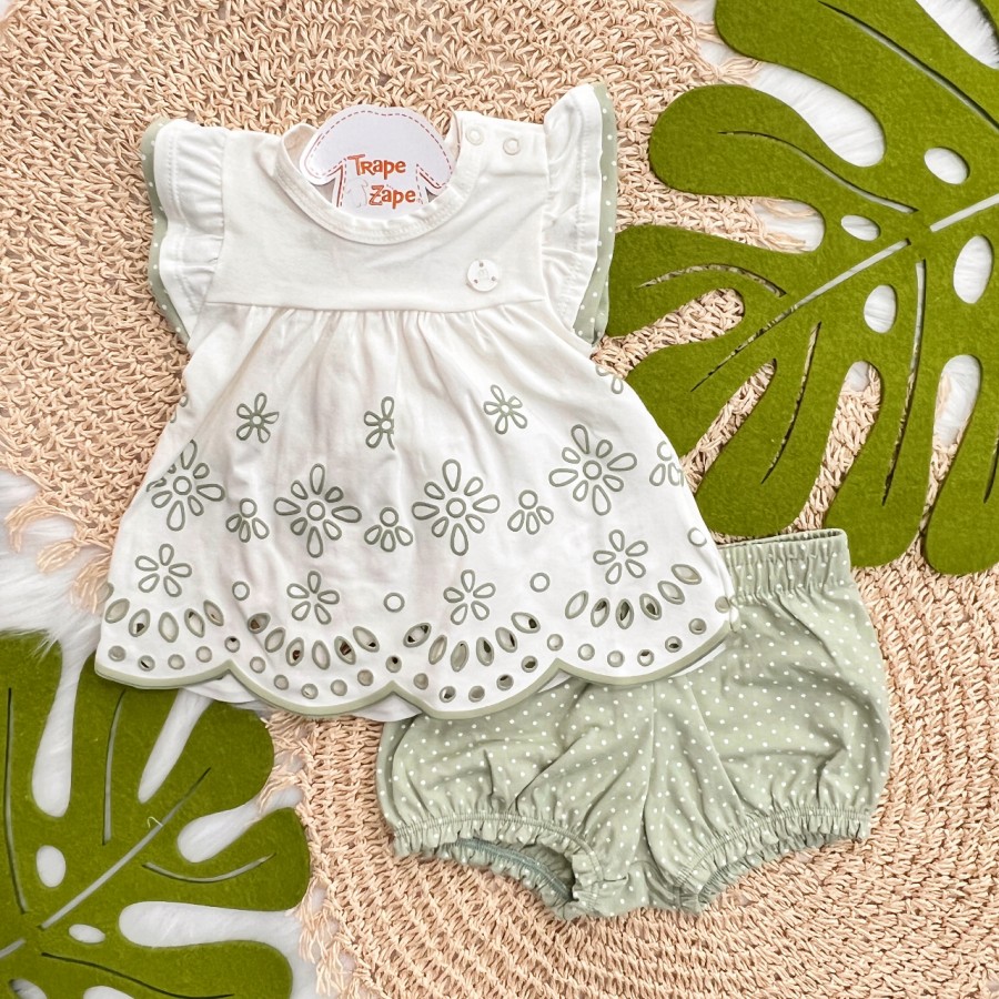 Conj. Batinha Flores em Lese e Short Poá - Verde e Off White